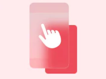 이미지는 두 개의 카드 형태가 겹쳐져 있는 디자인으로 구성되어 있습니다. 앞쪽 카드에는 손가락 모양의 아이콘이 있어 터치하거나 스와이프할 것을 암시합니다. 배경은 부드러운 핑크색으로, 카드의 색상은 연한 톤의 빨간색과 더 진한 빨간색이 조화를 이루고 있습니다. 이 디자인은 직관적이며, 사용자가 상호작용을 할 수 있는 요소를 강조하는 느낌을 줍니다. 전체적으로 간결하고 현대적인 스타일로, 모바일 앱이나 웹사이트의 사용자 인터페이스에서 자주 사용될 수 있는 형태입니다.